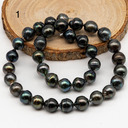 10-11mm Tahitian Pearl in Full Strand, Natural Colors with High Luster, Temporarily Strung Black Pearls for Jewelry Making, SKU # 3046TH