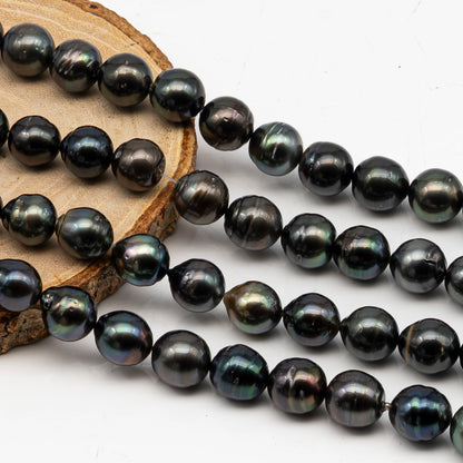 10-11mm Tahitian Pearl in Full Strand, Natural Colors with High Luster, Temporarily Strung Black Pearls for Jewelry Making, SKU # 3047TH