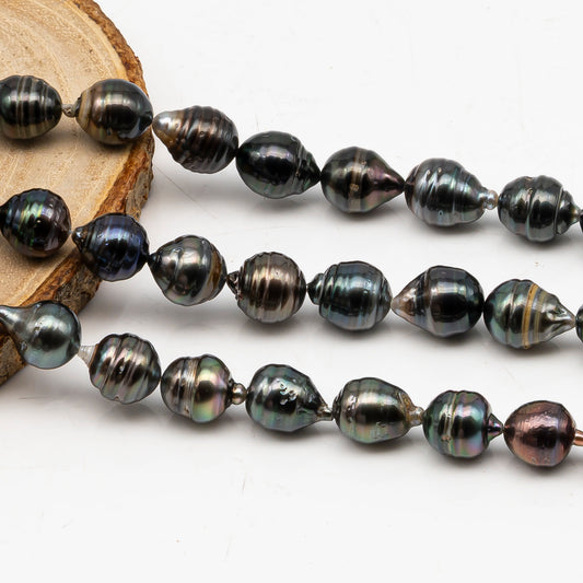 10-11mm Tahitian Pearl in Full Strand, Natural Colors with High Luster, Temporarily Strung Black Pearls for Jewelry Making, SKU # 3048TH
