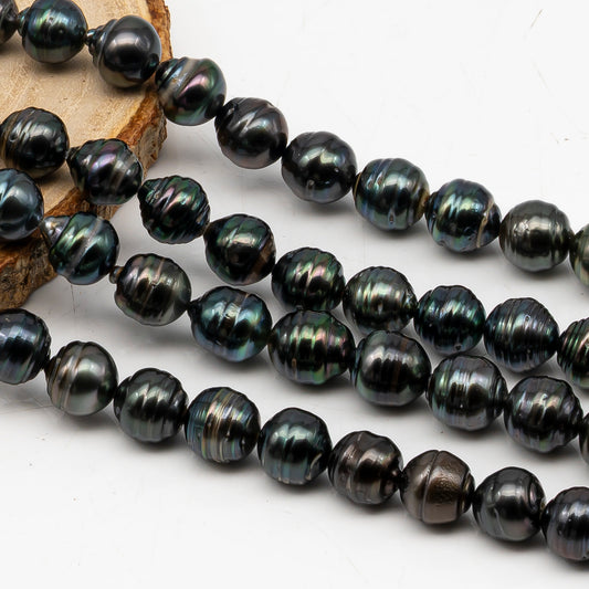 9-10mm Tahitian Pearl in Full Strand, Natural Colors with High Luster, Temporarily Strung Black Pearls for Jewelry Making, SKU # 3049TH