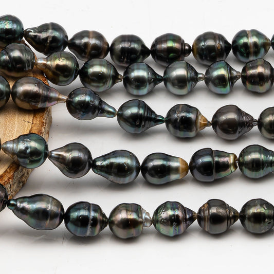 9-10mm Tahitian Pearl in Full Strand, Natural Colors with High Luster, Temporarily Strung Black Pearls for Jewelry Making, SKU # 3050TH