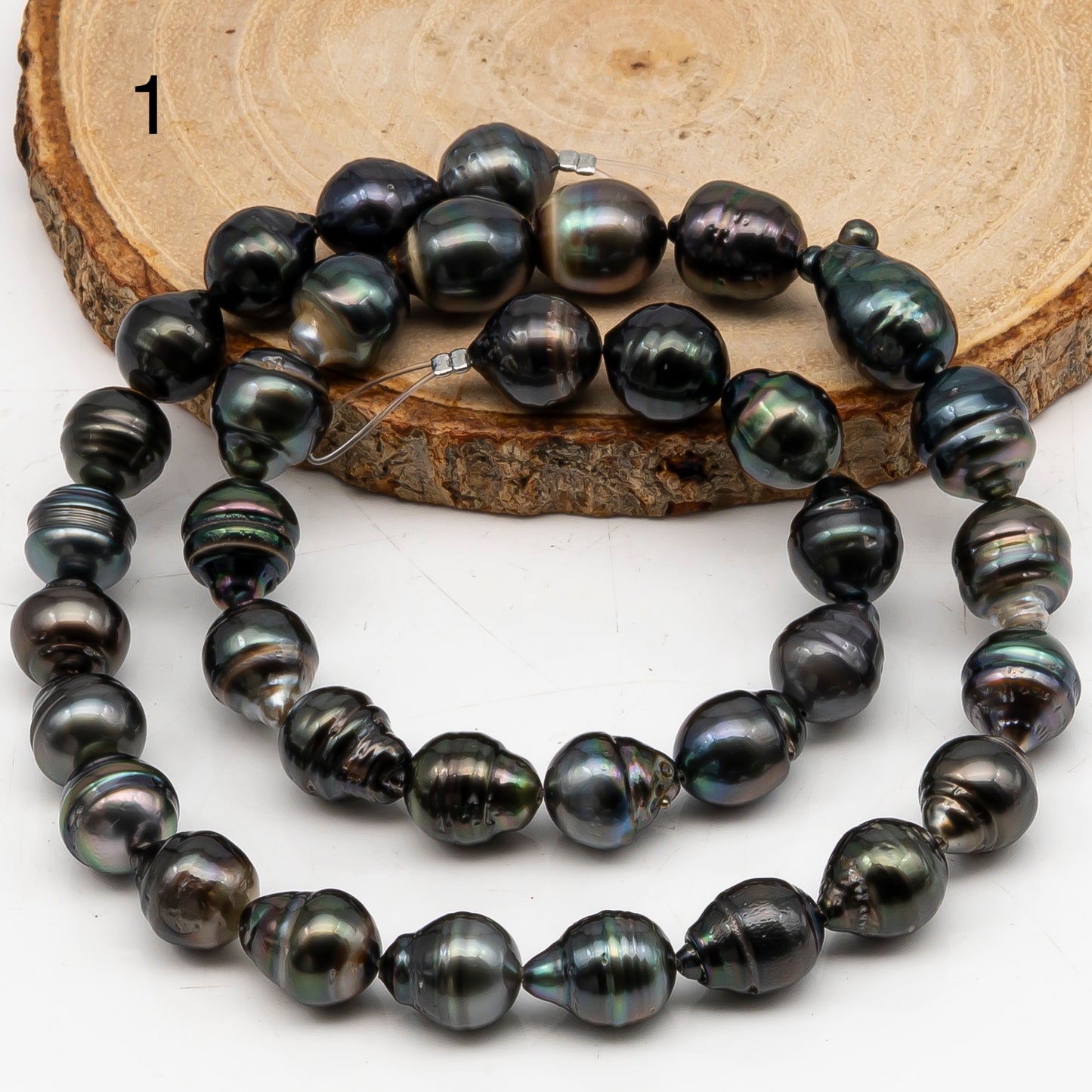 9-10mm Tahitian Pearl in Full Strand, Natural Colors with High Luster, Temporarily Strung Black Pearls for Jewelry Making, SKU # 3050TH