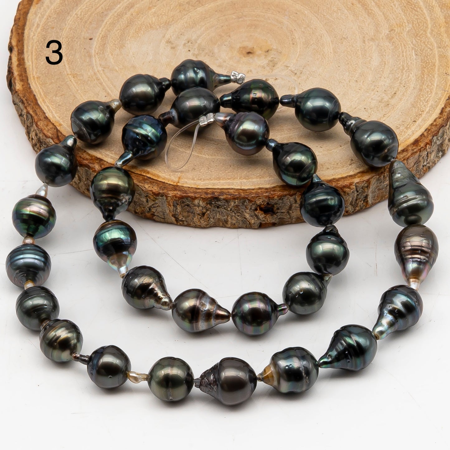 9-10mm Tahitian Pearl in Full Strand, Natural Colors with High Luster, Temporarily Strung Black Pearls for Jewelry Making, SKU # 3050TH
