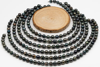 9-10mm Tahitian Pearl in Full Strand, Natural Colors with High Luster, Temporarily Strung Black Pearls for Jewelry Making, SKU # 3051TH