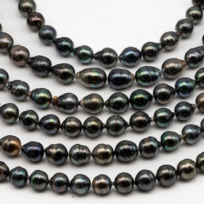 9-10mm Tahitian Pearl in Full Strand, Natural Colors with High Luster, Temporarily Strung Black Pearls for Jewelry Making, SKU # 3051TH
