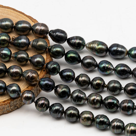 9-10mm Tahitian Pearl in Full Strand, Natural Colors with High Luster, Temporarily Strung Black Pearls for Jewelry Making, SKU # 3051TH