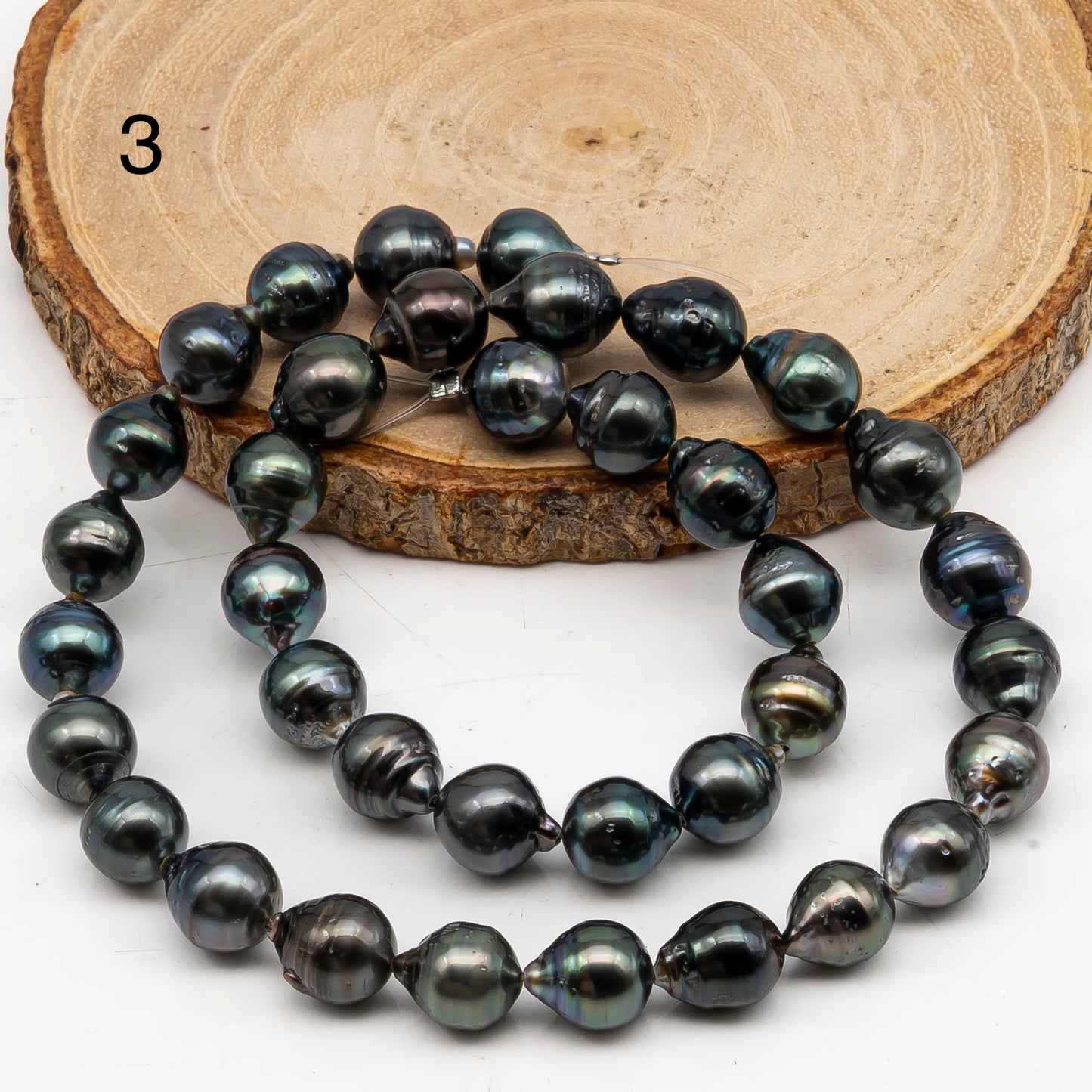 9-10mm Tahitian Pearl in Full Strand, Natural Colors with High Luster, Temporarily Strung Black Pearls for Jewelry Making, SKU # 3051TH