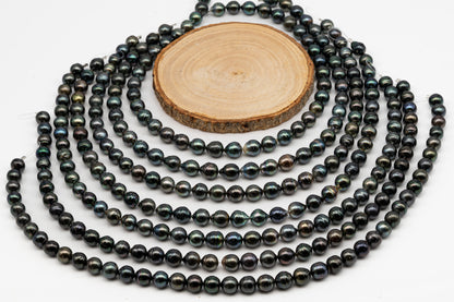 9-10mm Tahitian Pearl in Full Strand, Natural Colors with High Luster, Temporarily Strung Black Pearls for Jewelry Making, SKU # 3052TH