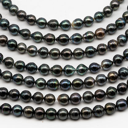 9-10mm Tahitian Pearl in Full Strand, Natural Colors with High Luster, Temporarily Strung Black Pearls for Jewelry Making, SKU # 3052TH