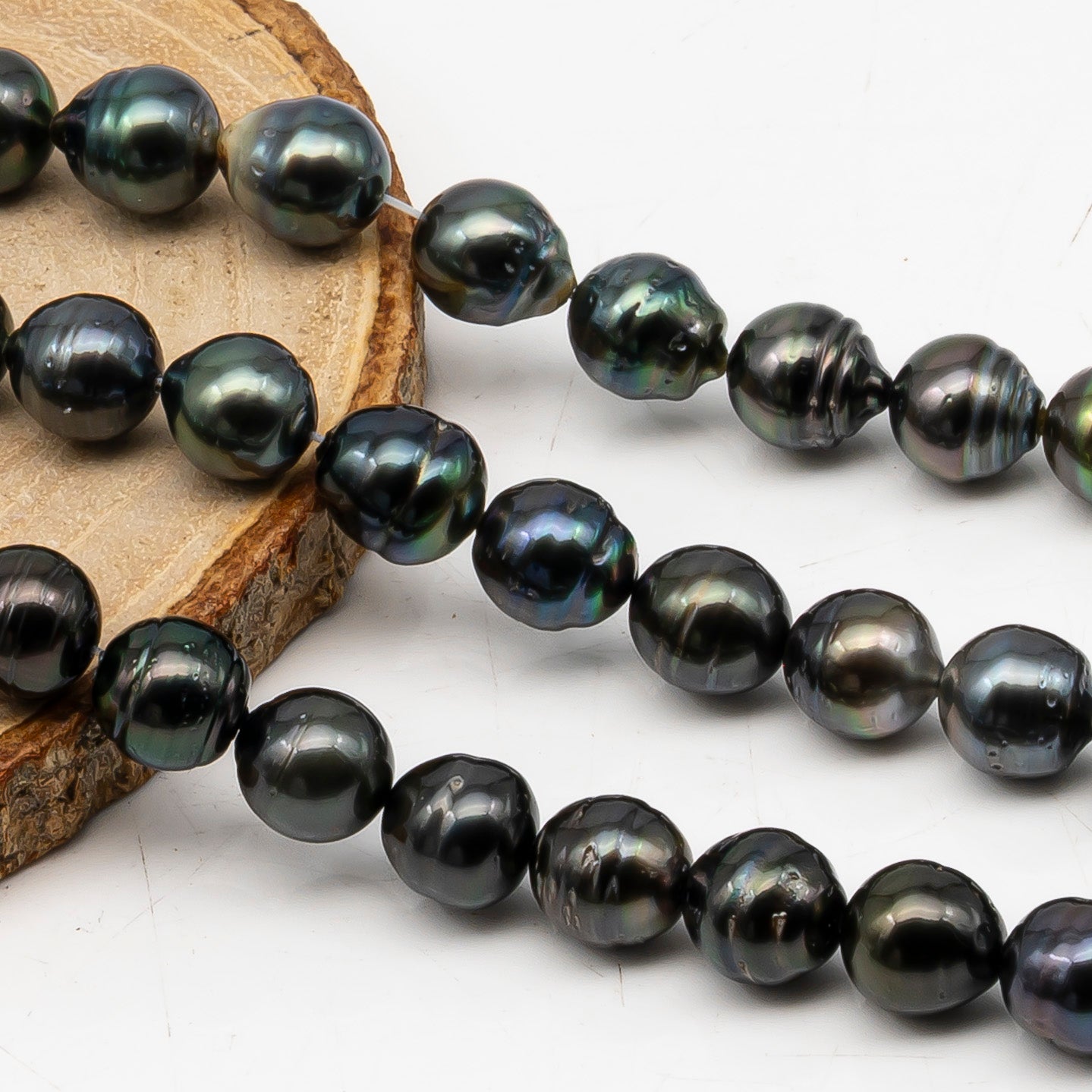 9-10mm Tahitian Pearl in Full Strand, Natural Colors with High Luster, Temporarily Strung Black Pearls for Jewelry Making, SKU # 3052TH