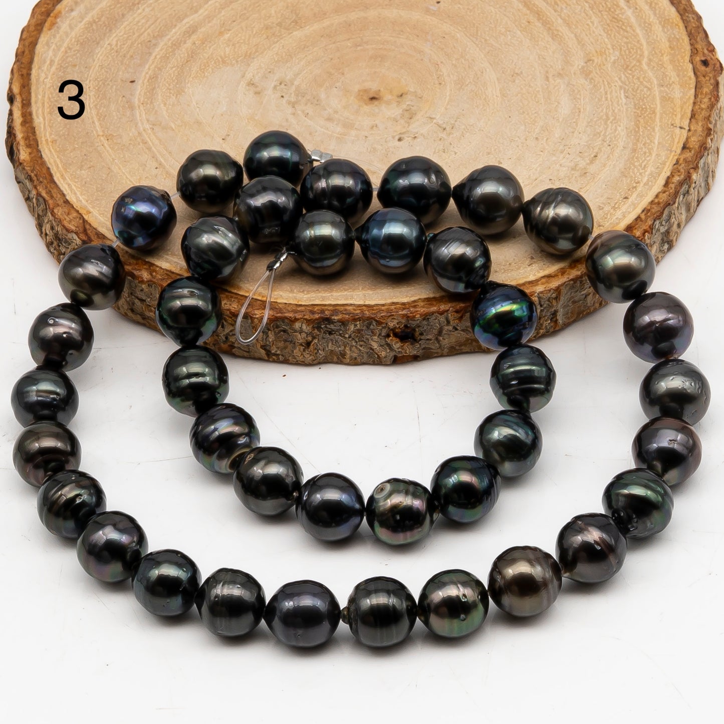 9-10mm Tahitian Pearl in Full Strand, Natural Colors with High Luster, Temporarily Strung Black Pearls for Jewelry Making, SKU # 3052TH