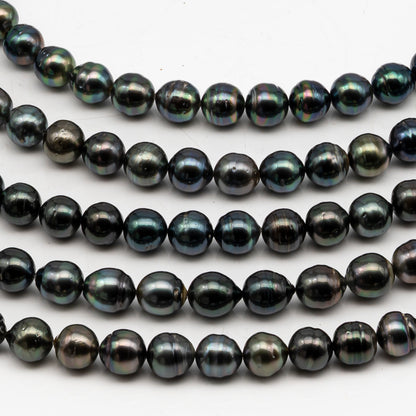 9-10mm Tahitian Pearl in Full Strand, Natural Colors with High Luster, Temporarily Strung Black Pearls for Jewelry Making, SKU # 3053TH