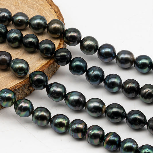 9-10mm Tahitian Pearl in Full Strand, Natural Colors with High Luster, Temporarily Strung Black Pearls for Jewelry Making, SKU # 3053TH