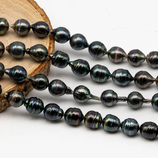 8-9mm Tahitian Pearl in Full Strand, Natural Colors with High Luster, Temporarily Strung Black Pearls for Jewelry Making, SKU # 3055TH