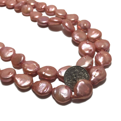 Coin Pearls, 10-12mm Cherry Pink Freshwater Pearls in 16 inches, COIN001