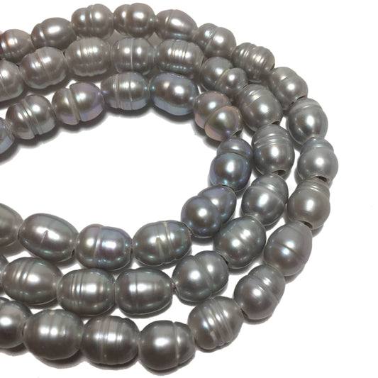 Large Hole Pearls, 8-8.5mm Rice Shape Silver Color Freshwater Pearls, 8 inch strand with 2.5mm hole size, LH011
