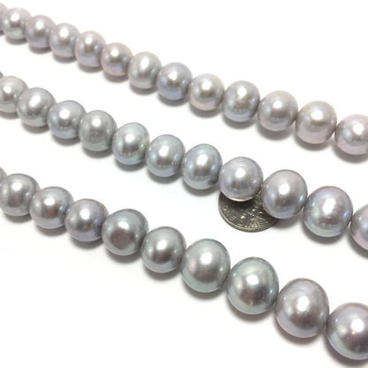 Near Round Pearls, 10.5-12mm Silver Color Freshwater Pearls in 15.5 inches, NRD006