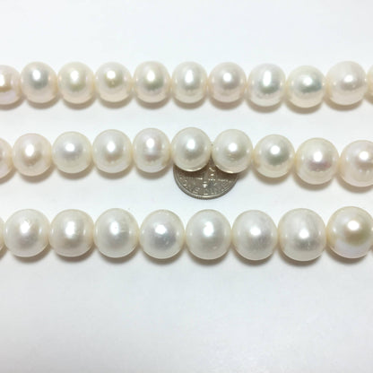 Near Round Pearls, 10.5-11.5mm White Color Freshwater Pearls in 15.5 inches, NRD007