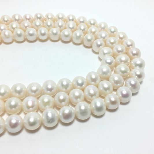 Near Round Pearls, 10.5-11.5mm White Color Freshwater Pearls in 15.5 inches, NRD007