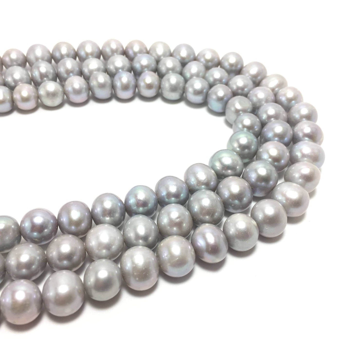 Near Round Pearls, 10.5-12mm Silver Color Freshwater Pearls in 15.5 inches, NRD006