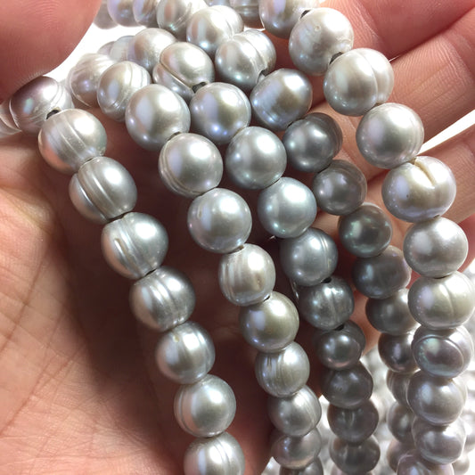 Large Hole Pearls 9-10mm Grey Potato Shape Freshwater Pearls, 8 inch with 2.5mm Hole, LH005