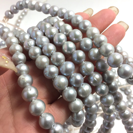 Large Hole Pearls 8.5-9mm Grey Round Freshwater Pearls, 8 inch with 2.5mm Hole, LHRD006