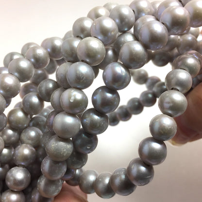 Large Hole Pearls 8.5-9mm Grey Round Freshwater Pearls, 8 inch with 2.5mm Hole, LHRD006