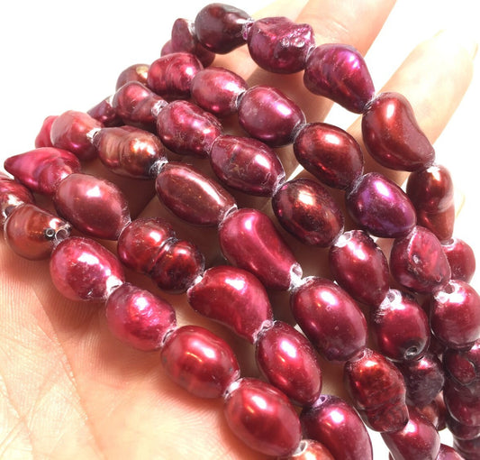 Large Hole Pearls, 8-9.5mm Nugget Shape, Red Colors Freshwater Pearls, 8 inch strand with 2.5mm Hole Size, LH045