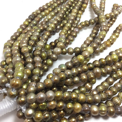 Large Hole Pearls, 7-7.5mm Potato Shape, Olive Green Colors Freshwater Pearls, 8 inch strand with 2.5mm Hole Size, LH047