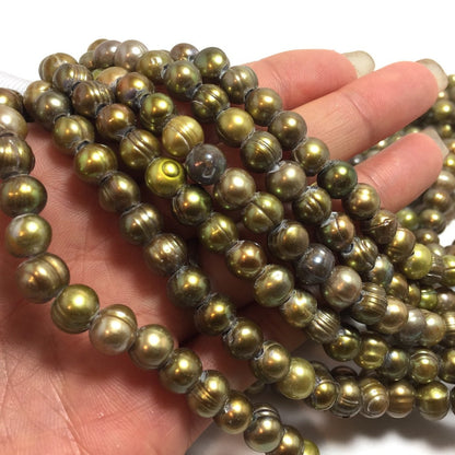 Large Hole Pearls, 7-7.5mm Potato Shape, Olive Green Colors Freshwater Pearls, 8 inch strand with 2.5mm Hole Size, LH047