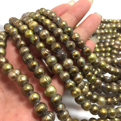Large Hole Pearls, 7-7.5mm Potato Shape, Olive Green Colors Freshwater Pearls, 8 inch strand with 2.5mm Hole Size, LH047