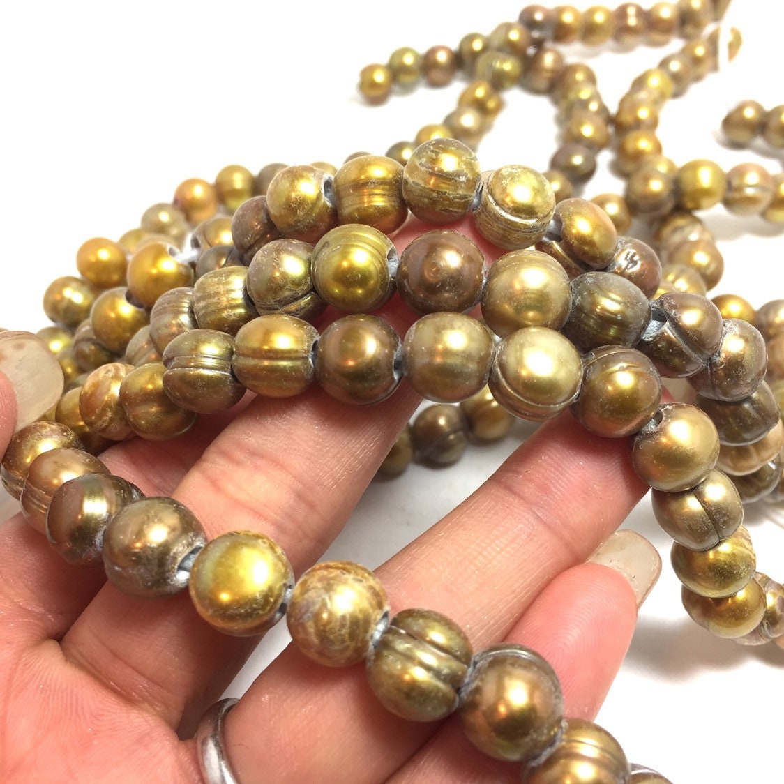 Large Hole Pearls, 8-9mm Potato Shape, Mustard Green Colors Freshwater Pearls, 8 inch strand with 2.5mm Hole Size, LH049