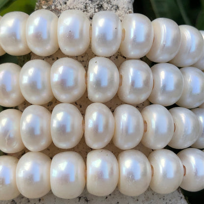 Large Hole Pearls, AA Grade 9.5-10mm Button Shape White Color Freshwater Pearls, 8 inch strand with 2.5mm hole size, LH021