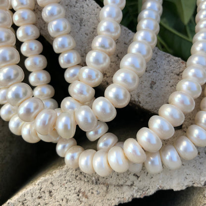 Large Hole Pearls, AA Grade 9.5-10mm Button Shape White Color Freshwater Pearls, 8 inch strand with 2.5mm hole size, LH021