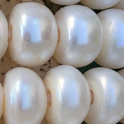 Large Hole Pearls, AA Grade 9.5-10mm Button Shape White Color Freshwater Pearls, 8 inch strand with 2.5mm hole size, LH021