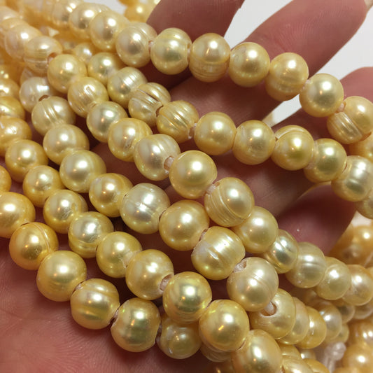 Large Hole Pearls 7-7.5mm Yellow Potato Shape Freshwater Pearls, 8 inch with 2.5mm Hole, LH050
