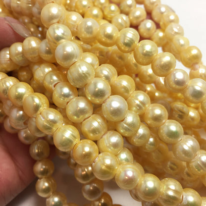 Large Hole Pearls 7-7.5mm Yellow Potato Shape Freshwater Pearls, 8 inch with 2.5mm Hole, LH050