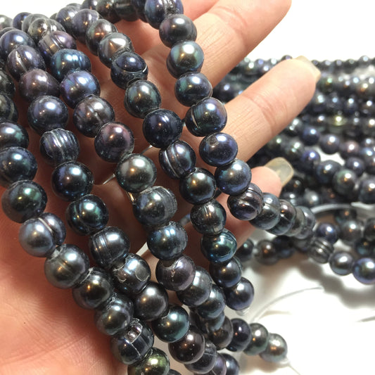 Large Hole Pearls 7-7.5mm Peacock Potato Shape Freshwater Pearls, 8 inches with 2.5mm Hole, LH057