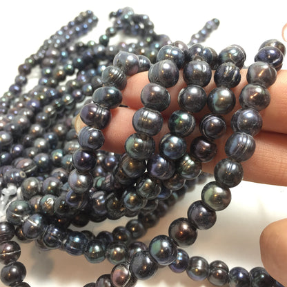 Large Hole Pearls 7-7.5mm Peacock Potato Shape Freshwater Pearls, 8 inches with 2.5mm Hole, LH057