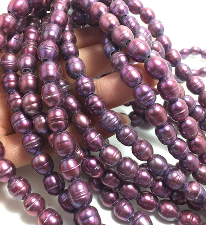 Large Hole Pearls 8-8.5mm Purple Rice Shape Freshwater Pearls, 8 inches with 2.5mm Hole, LH073