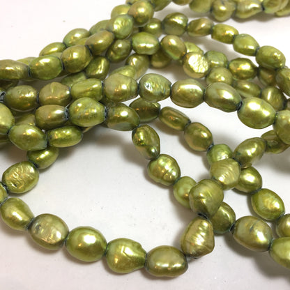 Large Hole Pearls, 8-9mm Nugget Rice Shape, Green Color Freshwater Pearls, 8 inches strand with 2.5mm Hole Size, LH052