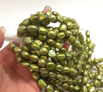 Large Hole Pearls, 8-9mm Nugget Rice Shape, Green Color Freshwater Pearls, 8 inches strand with 2.5mm Hole Size, LH052