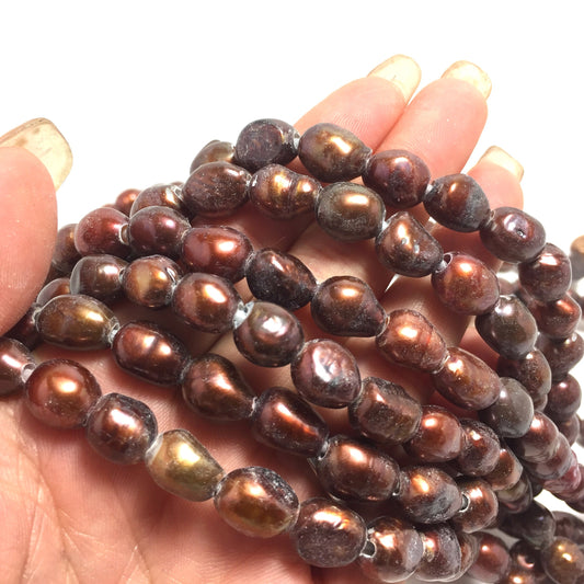 Large Hole Pearls, 8-9mm Nugget Rice Shape, Chocolate Color Freshwater Pearls, 8 inches strand with 2.5mm Hole Size, LH065