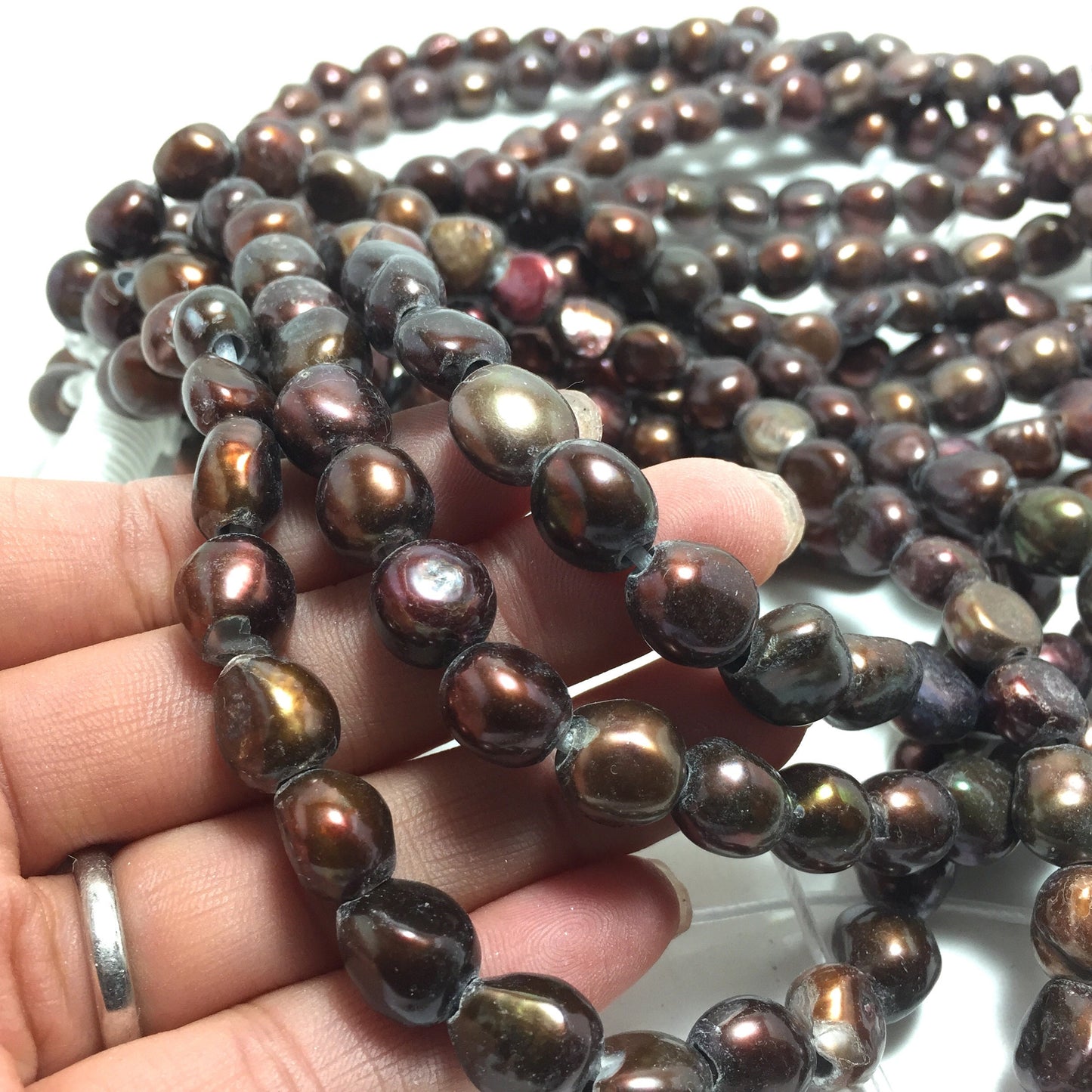 Large Hole Pearls, 9-10mm Nugget Rice Shape, Dark Chocolate Color Freshwater Pearls, 8 inches strand with 2.5mm Hole Size, LH079