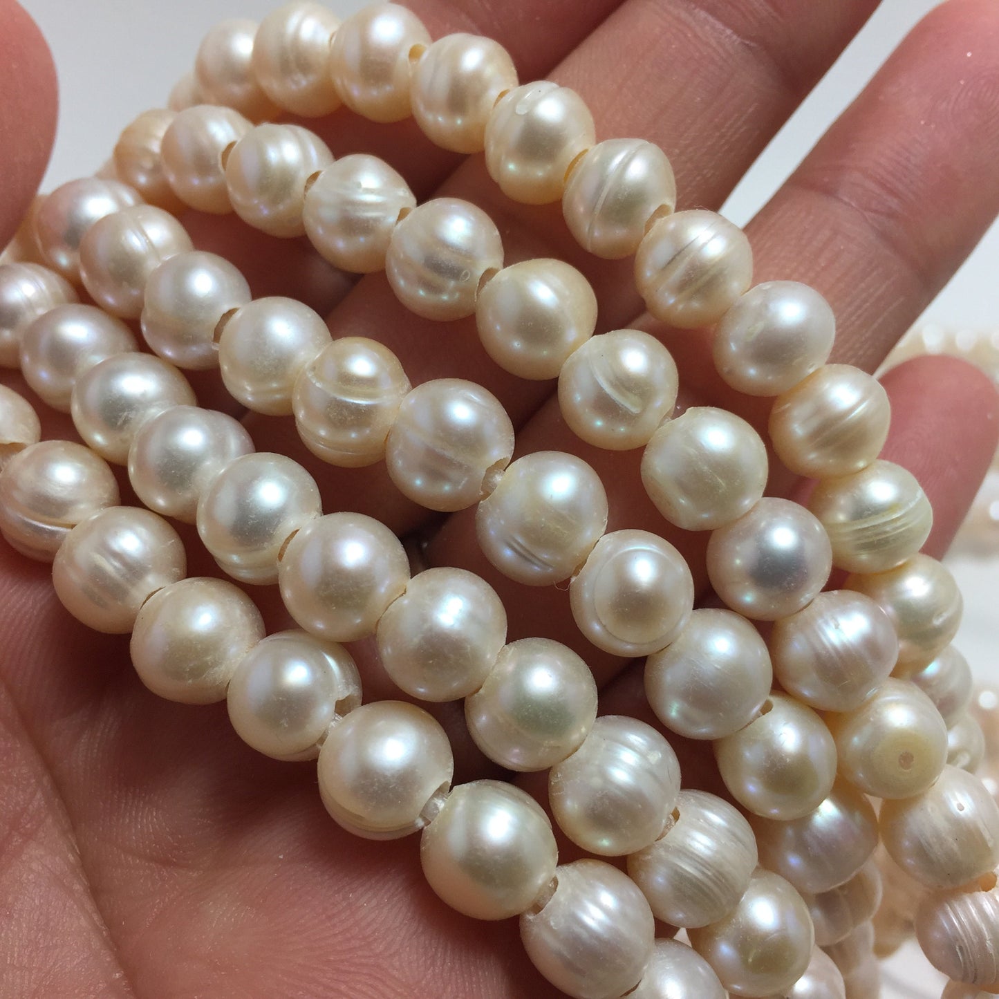 Large Hole Pearls 7-7.5mm Natural Pale Peach Color Potato Shape Freshwater Pearls, 8 inches with 2.5mm Hole, LH069