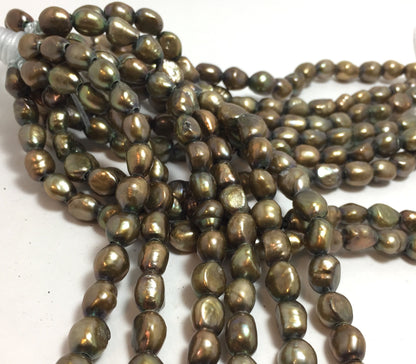 Large Hole Pearls, 8-9mm Nugget Rice Shape, Green Color Freshwater Pearls, 8 inches strand with 2.5mm Hole Size, LH059