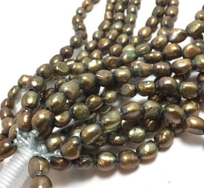 Large Hole Pearls, 8-9mm Nugget Rice Shape, Green Color Freshwater Pearls, 8 inches strand with 2.5mm Hole Size, LH059