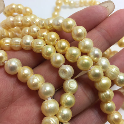 Large Hole Pearls 7-7.5mm Yellow Potato Shape Freshwater Pearls, 8 inch with 2.5mm Hole, LH050