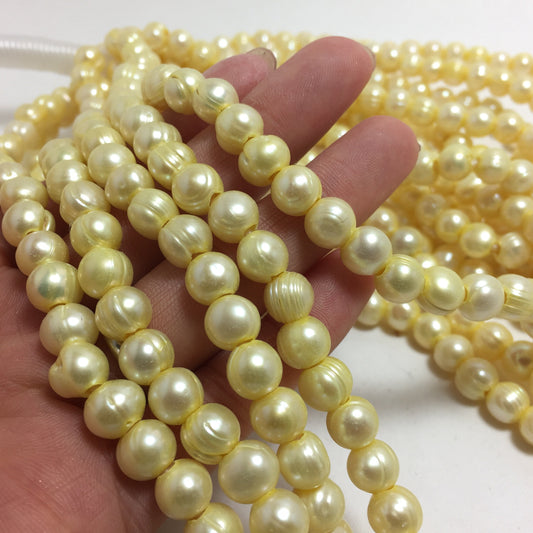 Large Hole Pearls 7.5-8mm Yellow Potato Shape Freshwater Pearls, 8 inches with 2.5mm Hole, LH075