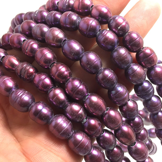 Large Hole Pearls 8-8.5mm Purple Rice Shape Freshwater Pearls, 8 inches with 2.5mm Hole, LH073